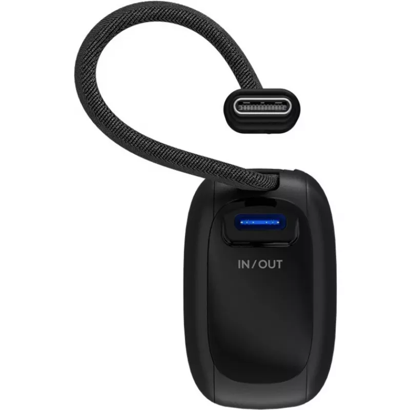 Goobay Powerbank 5000 mAh 20 W, integriertes USB-C-Kabel 13 cm, 1x USB-A, 1x USB-C, PD, QC, Schwarz