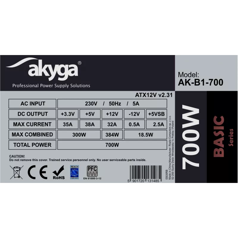 Akyga AK-B1-700 Basic 700 W ATX-Netzteil, passive PFC, 120 mm Lüfter, grau