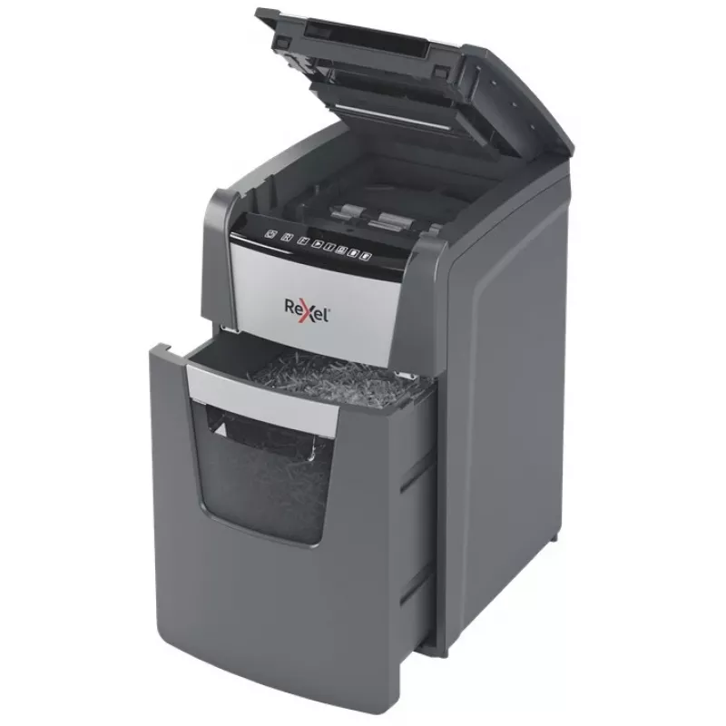 Rexel Optimum AutoFeed+ 130M Aktenvernichter, Mikroschnitt 2 x 15 mm, P-5, 130 Blatt, 44-l-Behälter