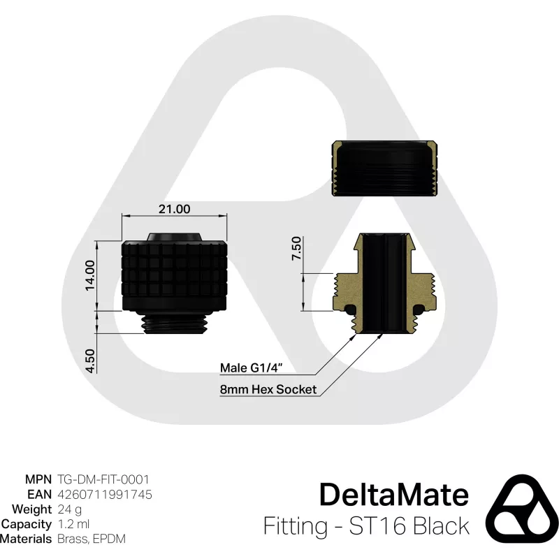 Thermal Grizzly DeltaMate ST16 Wasserkühlungsanschluss, Schwarz