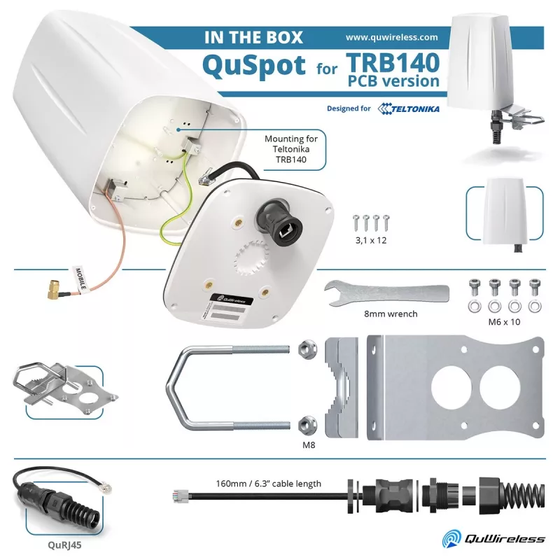 QuWireless QuSpot A140S-A Rundstrahl-LTE-Antenne für Teltonika TRB140, PoE/LAN, 4 dBi, IP67, Weiß