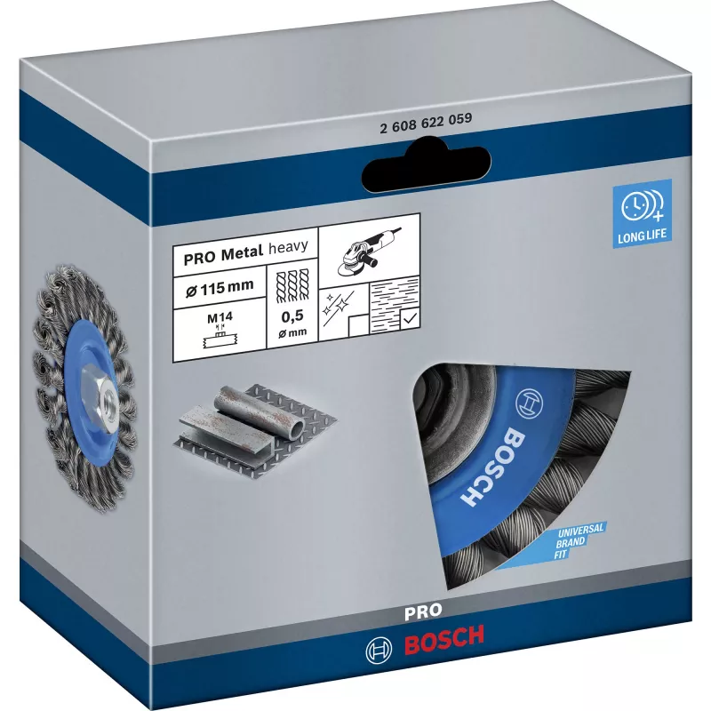 Bosch Heavy for Metal 2608622059 Scheibenbürste, gezopft, Ø 115 mm, 0,5 mm Stahldraht, M14, für Winkelschleifer