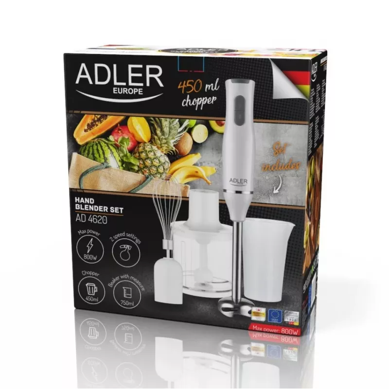 Adler AD 4620 Stabmixer-Set, 800 W, 2 Geschwindigkeiten, 450 ml Zerkleinerer, 750 ml Messbecher, Schneebesen, Weiß