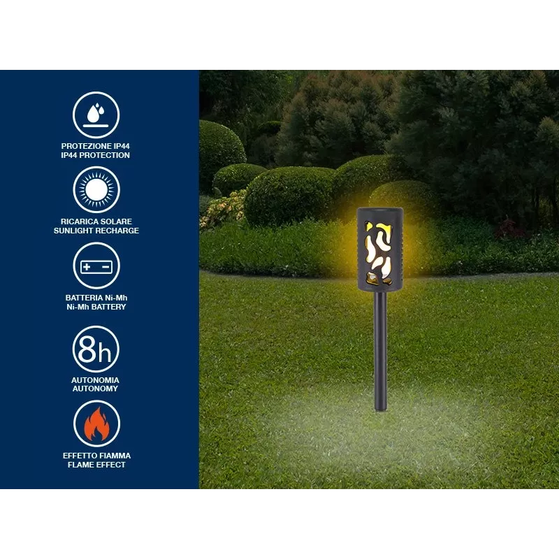 Beper P207ILO101 Solar-Gartenleuchte mit Erdspieß, 12 LED Flammeneffekt, IP44, Schwarz