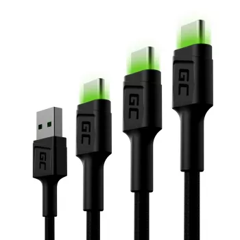 USB-C-Kabel-Set Green Cell GC Ray — USB A auf USB C 3 Längen (30 cm, 120 cm, 200 cm), USB PD, 480 Mbit/s, 2,4 A, schwarz