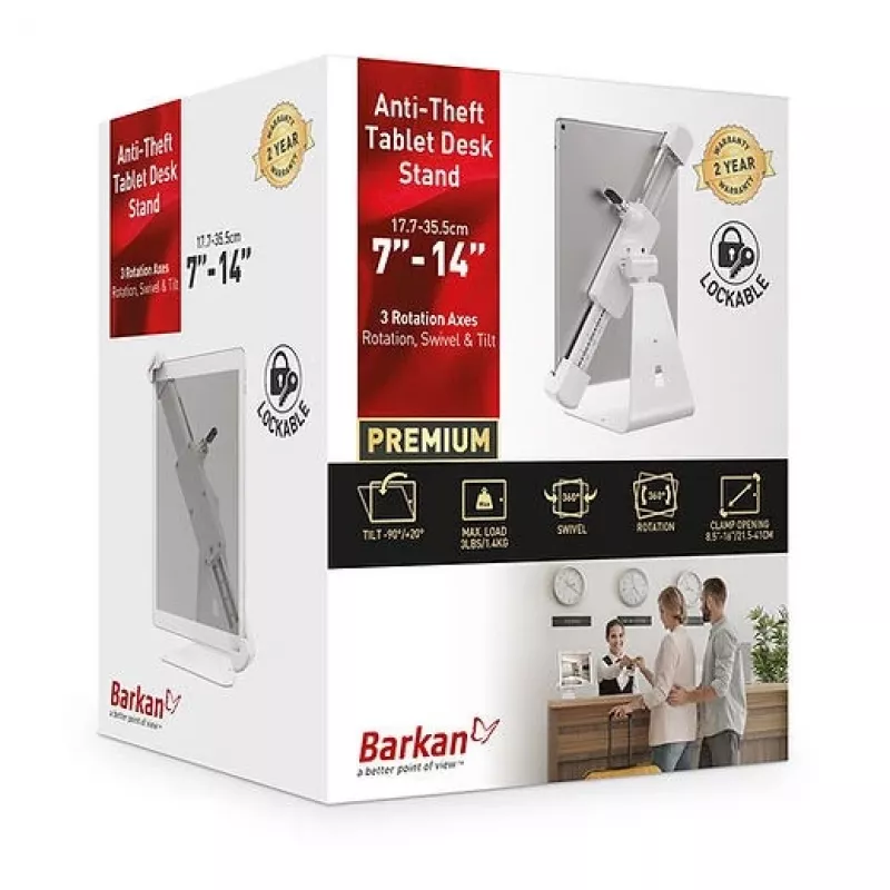 Barkan T71HL Tablet-Tischständer mit Schloss 7–14 Zoll, 360° drehbar, Weiß