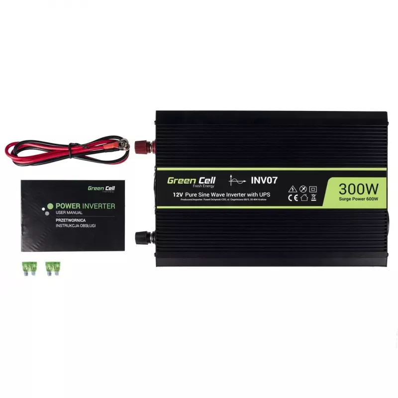 Spannungswandler Green Cell INV07, DC 12 V auf AC 230 V, 300 W, 50 Hz, Typ-C-Stecker, schwarz