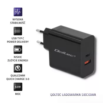 Qoltec 51716 Wandladegerät 63 W, USB-C PD + USB QC 3.0, 5-20 V 1,5-3 A, Schwarz