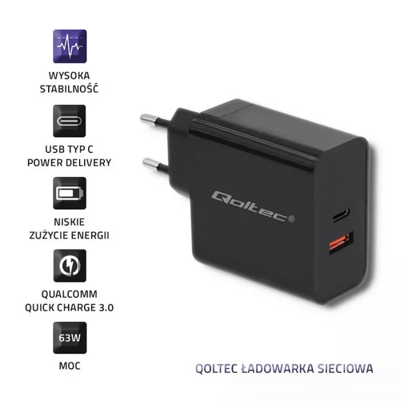 Qoltec 51716 Wandladegerät 63 W, USB-C PD + USB QC 3.0, 5-20 V 1,5-3 A, Schwarz