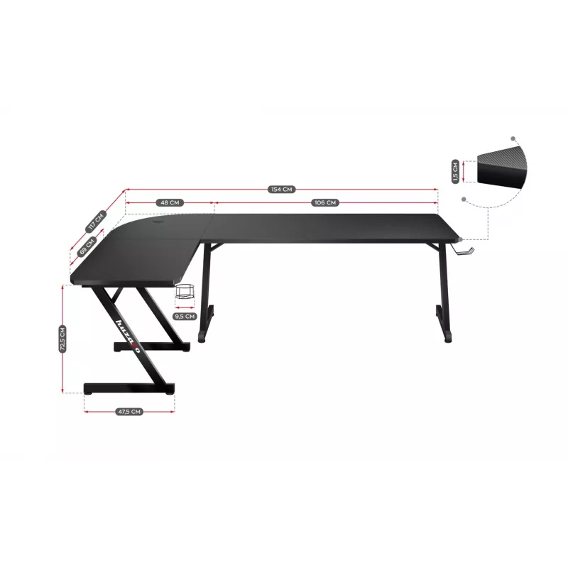 Huzaro Hero 7.0 Eck-Gaming-Computertisch, rechteckig, Carbonfaser, Aluminium, 154×48×72,5 cm, schwarz
