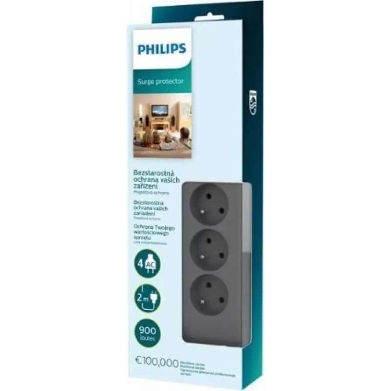 Philips SPN3140A/60 Überspannungsschutz-Steckdosenleiste, 4 Steckdosen, 2 m