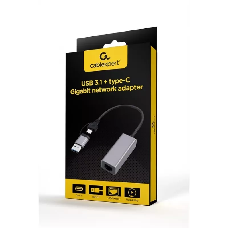 Gembird A-USB3AC-LAN-01 USB 3.1 + Type-C Gigabit-Netzwerkadapter, 1x RJ-45, 10/100/1000 Mbit/s, Metallgehäuse, Space Grau