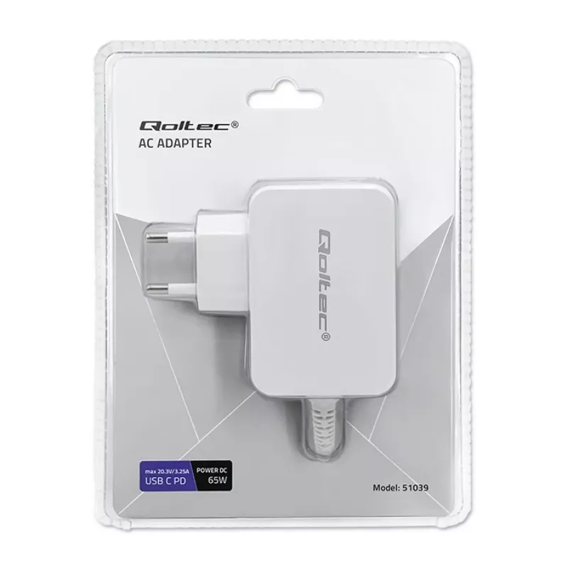Qoltec 51039 65 W USB-C-PD-Netzteil, 5–20,3 V, 2–3,25 A, integriertes USB-C-Kabel, Weiß
