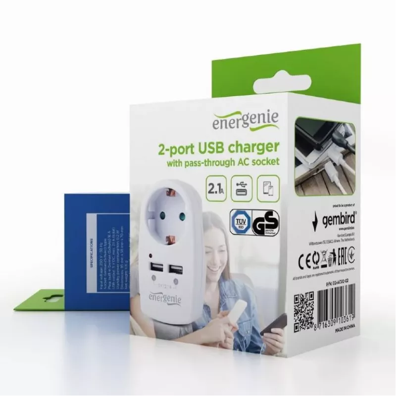 USB-Ladegerät mit Durchgangssteckdose/EG-ACU2-02 Gembird