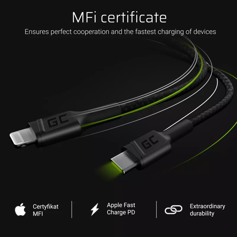 Green Cell PowerStream KABGC07 USB-C-auf-Lightning-Kabel, 1 m, PD, Apple MFi, schwarz