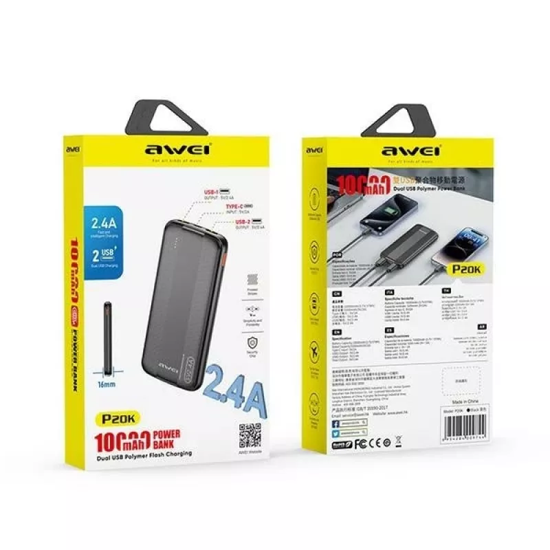 Awei PowerBank P20K 10000mAh Schwarz/Schwarz (10000mAh), Powerbank, Schwarz