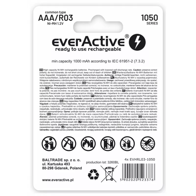 Wiederaufladbare AAA-NiMH-Akkus everActive EVHRL03-550 1,2 V 550 mAh 4er-Pack, zylindrisch R03