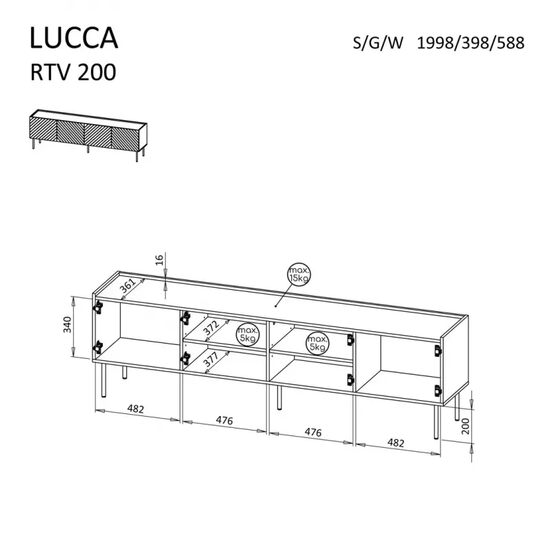 TV-Schrank cama meble LUCCA 4D, 2000×400×590 mm, weiß, Spanplattenplatte
