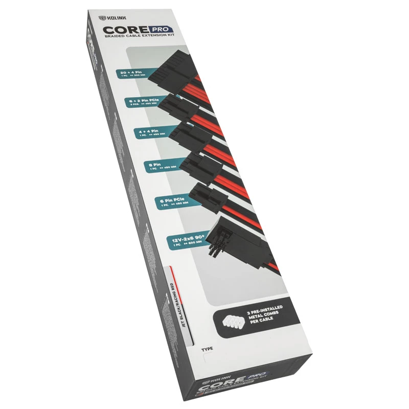 Kabel-/Adapter-Kit Kolink Core Pro 12V-2x6 Typ 2 umflochten, Jet Schwarz/Racing