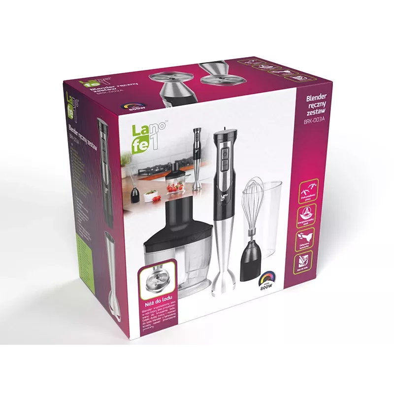 LAFE BlendMix BRK-003A Stabmixer-Set, 800 W, 2 Geschwindigkeiten, Turbo, Edelstahlmesser, 0,6-l-Becher, schwarz/silber