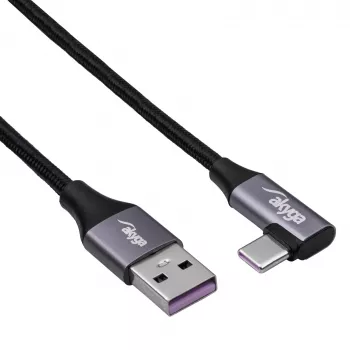Akyga AK-USB-58 gewinkeltes USB-C auf USB-A Kabel, 30 cm, 60 W, geflochten, Schwarz