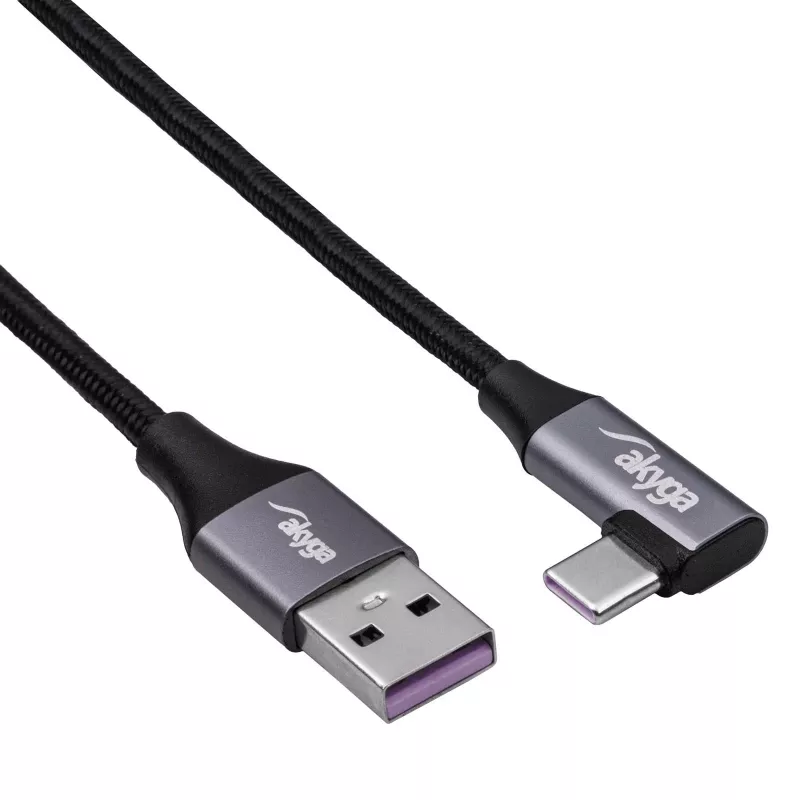 Akyga AK-USB-58 gewinkeltes USB-C auf USB-A Kabel, 30 cm, 60 W, geflochten, Schwarz