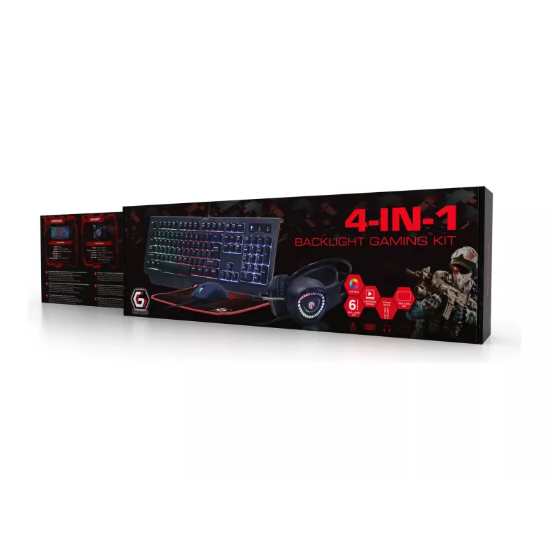 Gembird GGS-UMGL4-01 Phantom 4-in-1 beleuchtetes Gaming-Set (Tastatur, Maus, Headset, Mauspad), kabelgebunden USB, US-Layout, schwarz