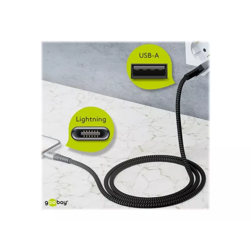Goobay 49269 USB-A-auf-Lightning-Kabel, 2 m, Textilmantel, Metallstecker, MFi-zertifiziert, USB 2.0, Space Grau/Silber