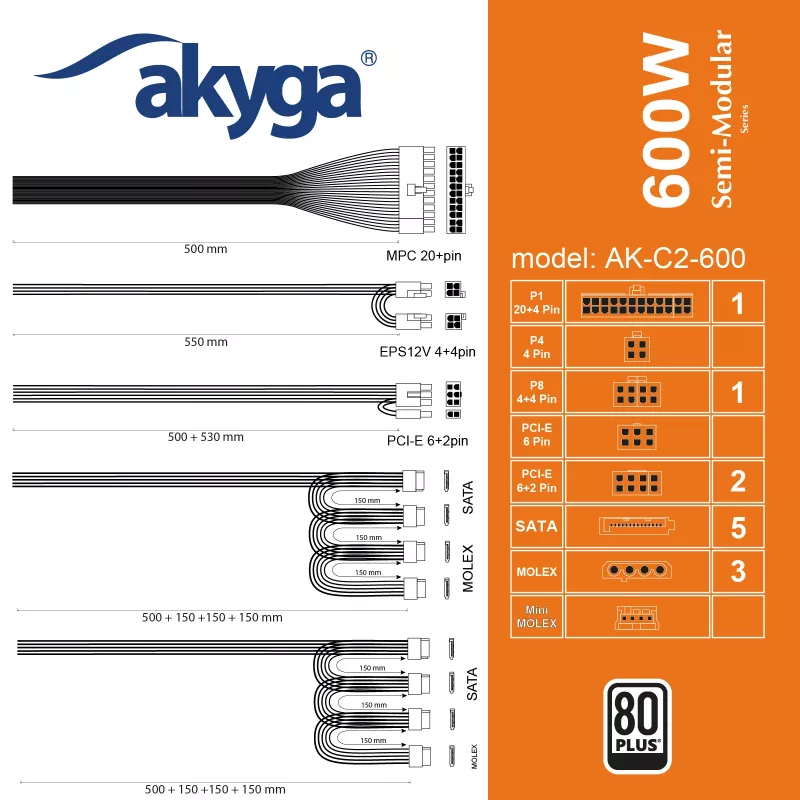 Akyga AK-C2-600 Classic 600 W ATX-Netzteil, teilmodular, aktive PFC, 120-mm-Lüfter