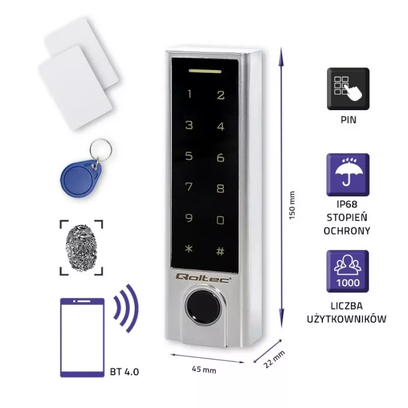 Qoltec 52448 Codeschloss TITAN mit Fingerabdruckleser | RFID | BT 4.0 |Code | Karte | Schlüsselanhänger | Türklingel| IP68 | EM