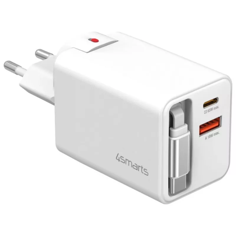 4smarts 541065 GaN Flex Jojo 65W Netzladegerät, 2x USB-C PD + USB-A QC 3.0, einziehbares USB-C-Kabel, 100-240V, Weiß