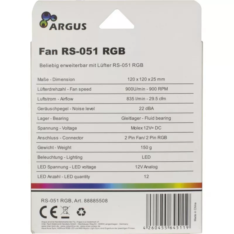 INTER-TECH Argus RS-051 RGB 120-mm-Gehäuselüfter, 900 U/min, schwarz