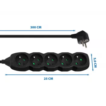 Steckdosenleiste ESPERANZA ELK208K — 5 Steckdosen, 3 m Kabel, schwarz