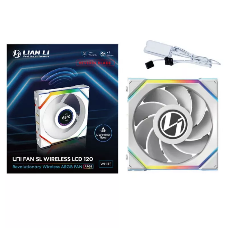 Lian Li UNI FAN SL Wireless LCD 120 Reverse Blade Gehäuselüfter, ARGB, PWM, 120 mm, weiß
