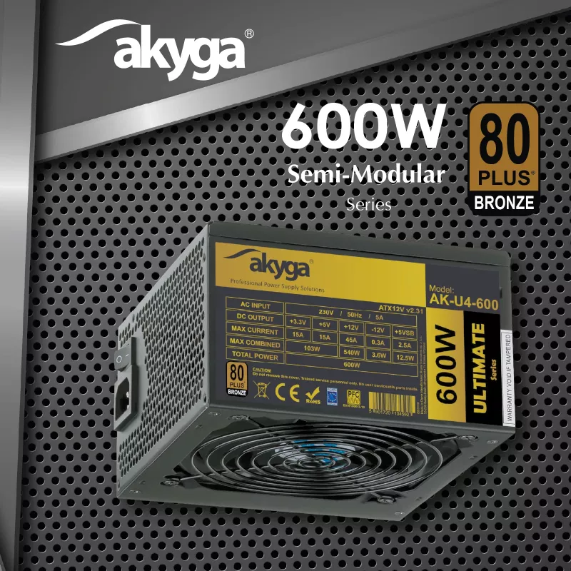 Akyga Ultimate AK-U4-600 ATX-Netzteil 600 W, 80 PLUS Bronze, aktive PFC, 120-mm-Lüfter