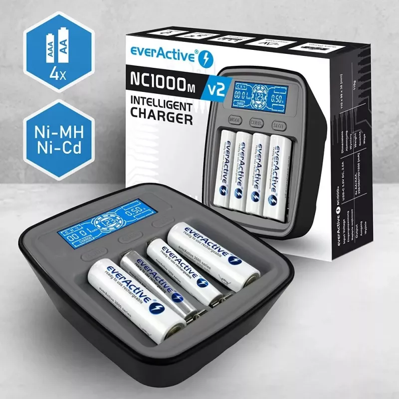 everActive NC-1000M V2 Akkuladegerät, Ni-MH, 4 Schächte AA/AAA, USB-C, Schwarz