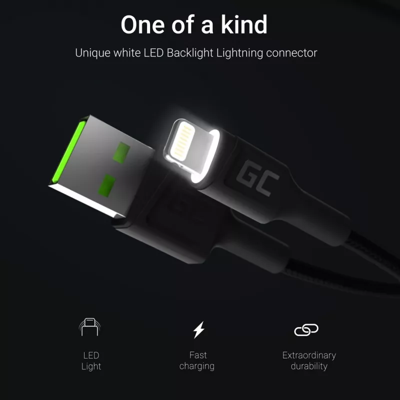 Lightning-auf-USB-A-Kabel Green Cell KABGC12, 2 m, Lightning – USB A, Schwarz
