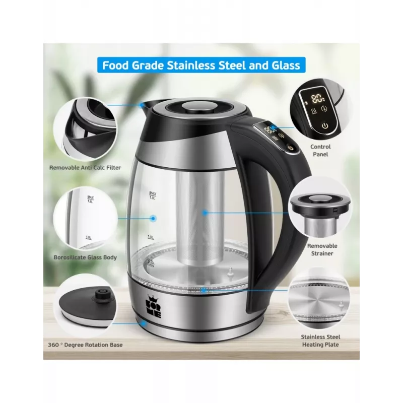 Forme FKG-448 Glas-Wasserkocher, 1,8 l, 2200 W, Temperaturregelung, Grau