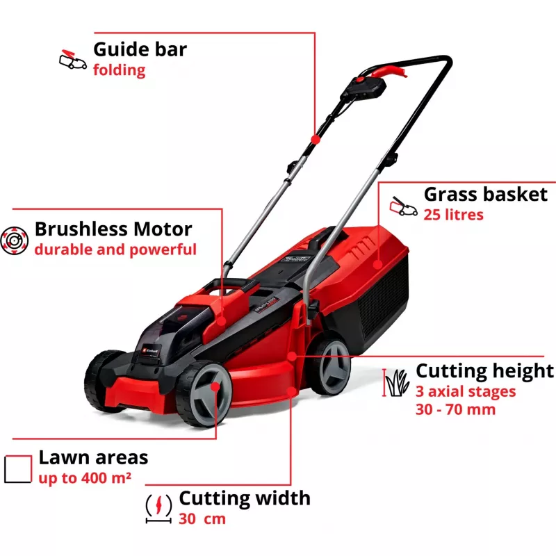 Rasenmäher mit Schubbetrieb EINHELL GE-CM 18/30 Li — 18V, 3,0Ah, 30 cm Schnittbreite, 25 L Fangkorb