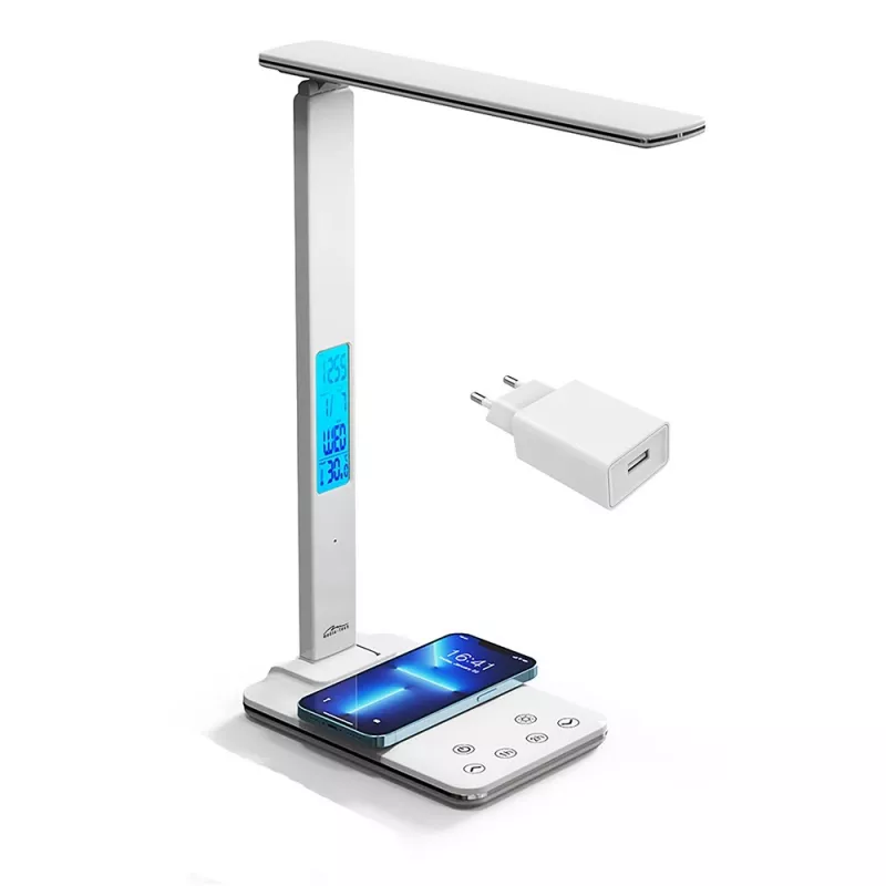 Media-Tech MT222 Leditou LED-Schreibtischlampe mit 15-W-Qi-Ladestation, Uhr, Wecker, Thermometer, weiß