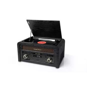Plattenspieler muse MT-115 W — schwarz/gold, 33-45-78 U/min, J-förmiger Tonarm, Drehregler für die Lautstärke, 240V AC