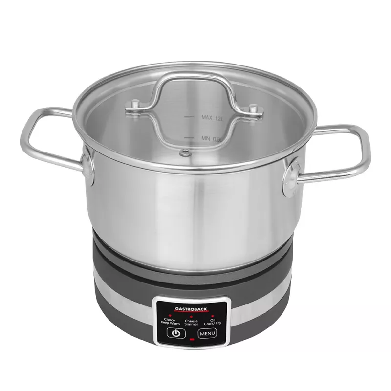 Gastroback 42568 Fondue MultiCook 4in1 & Kochplatte, 1200 W, 2,3-l-Edelstahltopf, 8 Gabeln