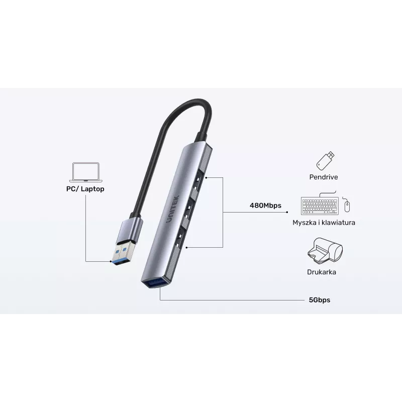 Unitek H1208A USB-A-Hub, 4 Ports (1x USB-A 5 Gbit/s, 3x USB-A 2.0), Aluminium, Silber