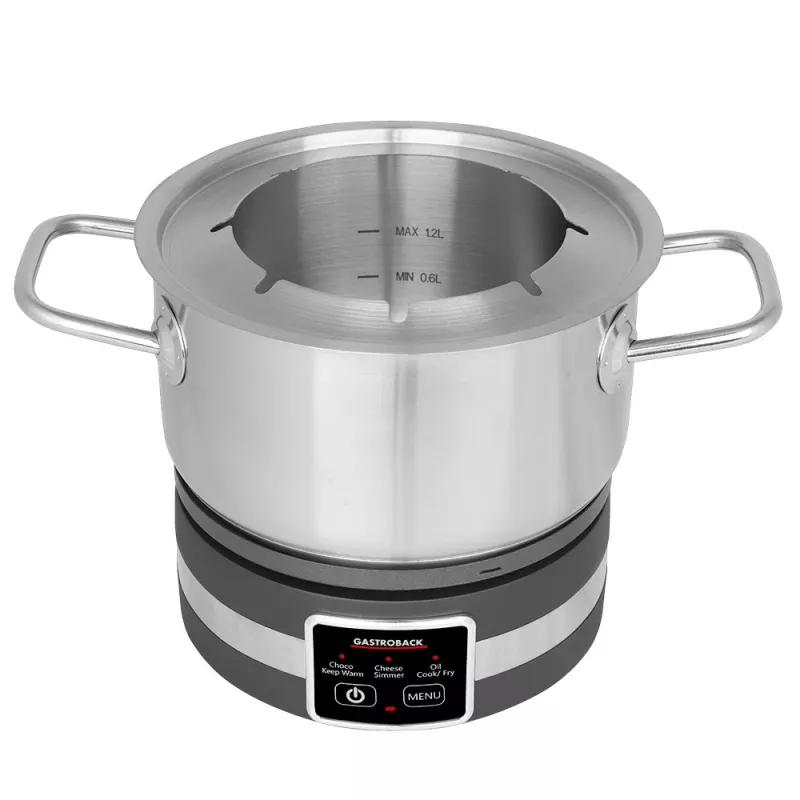 Gastroback 42568 Fondue MultiCook 4in1 & Kochplatte, 1200 W, 2,3-l-Edelstahltopf, 8 Gabeln
