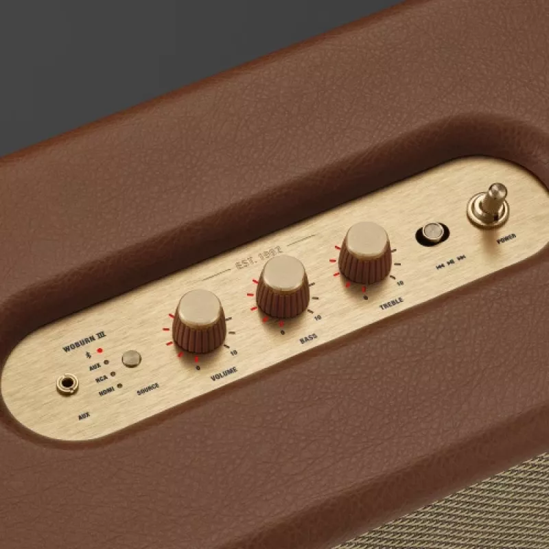 Kabelloser Lautsprecher MARSHALL Woburn III Brown — Multiroom, Bluetooth, Wi‑Fi, analoge Eingänge