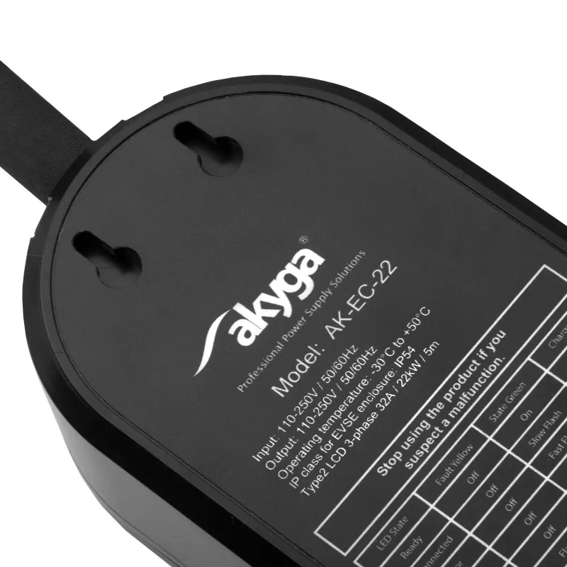 Akyga AK-EC-22 mobiles EV-Ladegerät, Typ 2, CEE-5-Pin-Stecker, dreiphasig, 32 A, 22 kW, LCD, 5 m