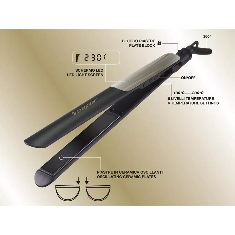Beper P301PIS200 Haarglätter, Keramikplatten, 130-230°C, 6 Temperaturstufen, Schwarz/Grau