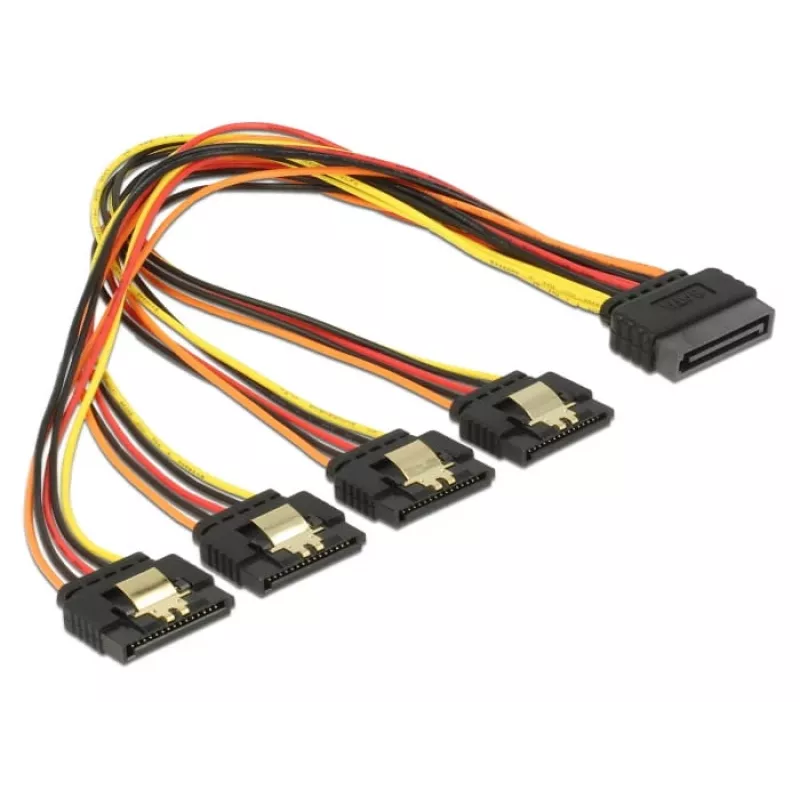 Delock 60157 SATA-Stromverlängerungskabel, SATA 15-polig (St) mit Einrastfunktion auf 4x SATA 15-polig (Bu), 0,3 m, schwarz/gelb/rot/orange