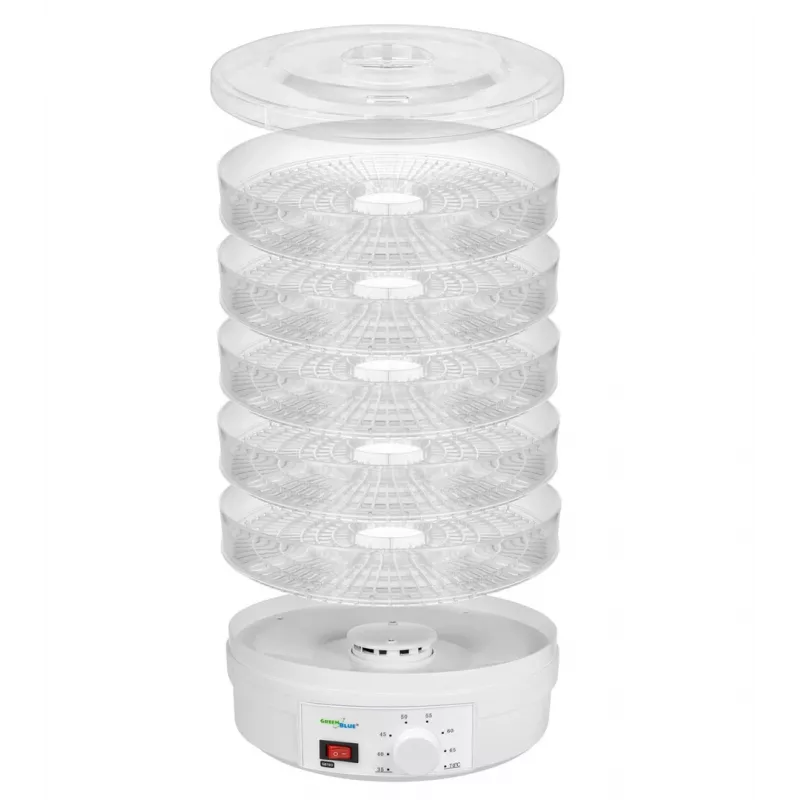 GreenBlue GB190 Dörrgerät für Pilze, Gemüse und Obst, 5 Etagen, 250 W, einstellbare Temperatur 35–70 °C, Weiß
