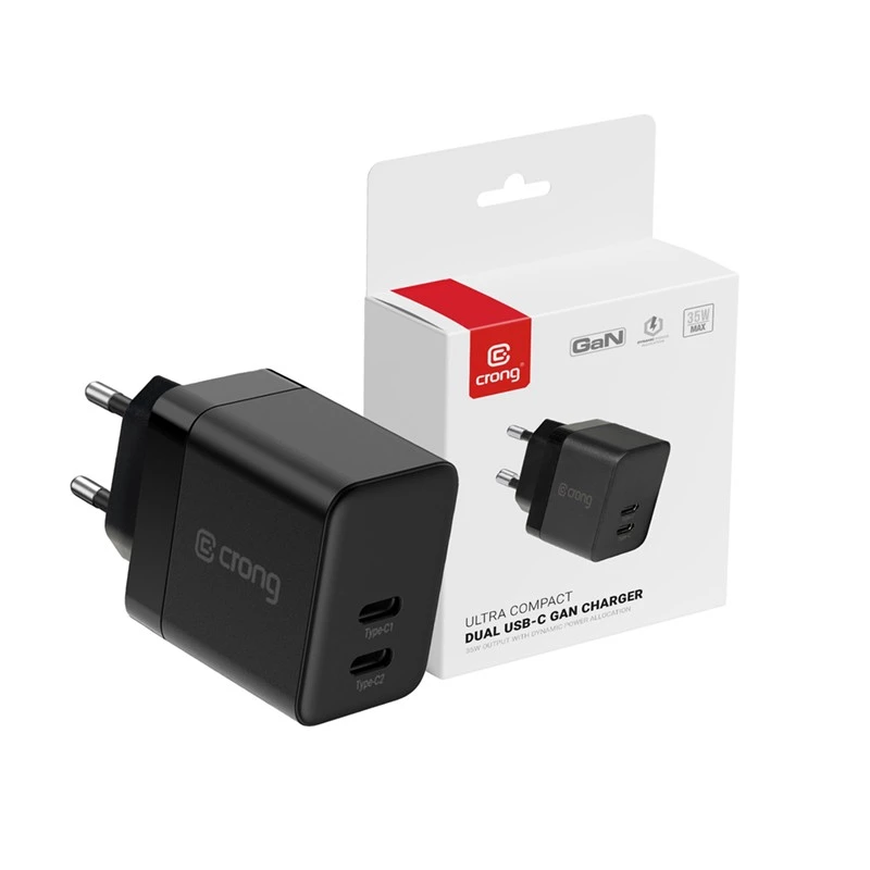 Crong Wandladegerät Ultra Compact GaN 35W PD 3.0 2x USB-C (schwarz)